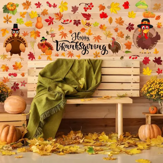 142 Pcs Fall Wall Decals Thanksgiving Wall Stickers Autumn Leaves Decoration {4}