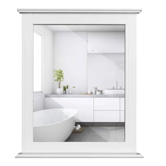 White MDF Wall Mounted Bathroom Mirror with Shelf and Grooved Frame {4}