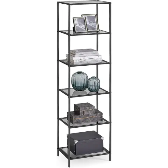 Narrow Glass Shelf Bookcase with Steel Frame for Bedroom Living Room Office Bathroom Storage {1}