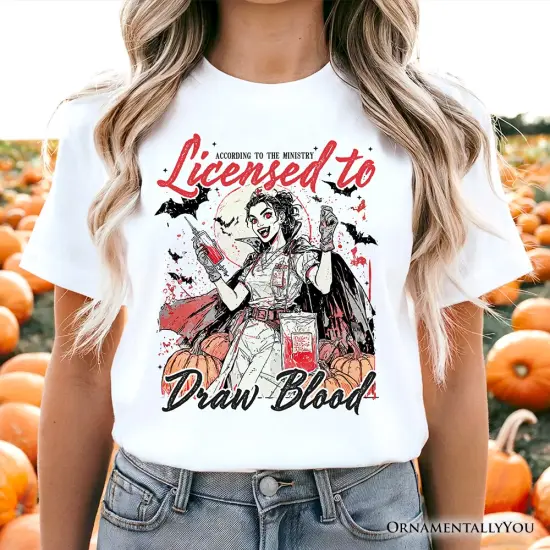 Licensed to Draw Blood Halloween Nurse T-Shirt, Groovy Tee for Spooky Season {5}