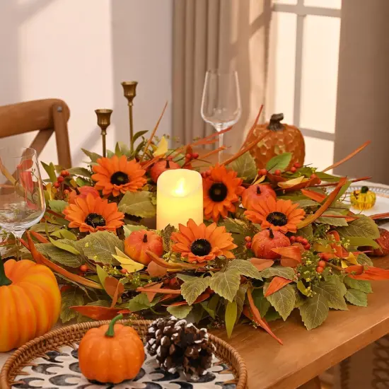 22" Fall Autumn Pumpkin Wreath with Sunflower {4}