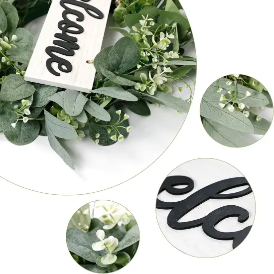 Wreath for Front Door 18" Green Eucalyptus Wreath -Farmhouse Welcome Sign Festival Ornaments Home Decor | Ideal Spring & Summer Decorating for Home Front Door and Window Outdoor (white) {4}