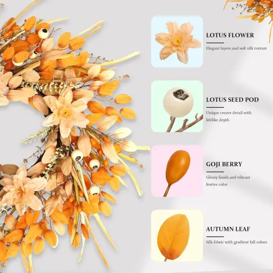 24 Inch Artificial Fall Autumn Wreath with Lotus Flowers {3}