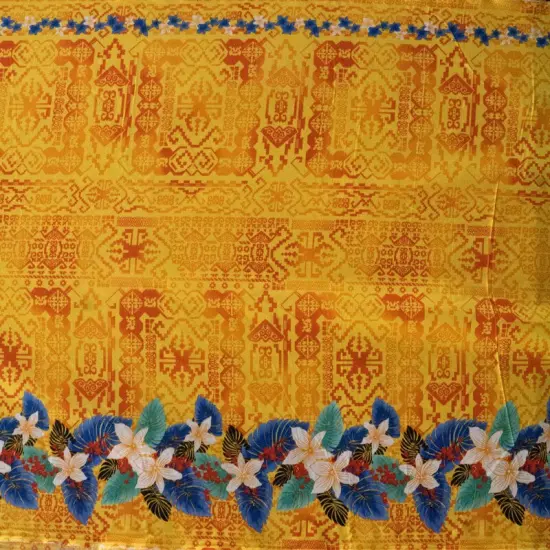 1 Yard Tropical Flowers And Leaves Double Border Peachskin Polyester Fabric For Sewing Apparel And Craft Projects 44/45 Inches Width Golden Yellow {1}