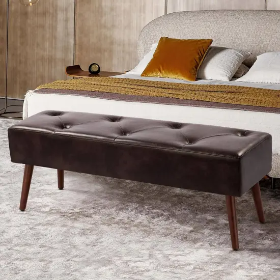 Leather Tufted Bed Bench with Metal Finish and Wood Legs Dark brown {2}