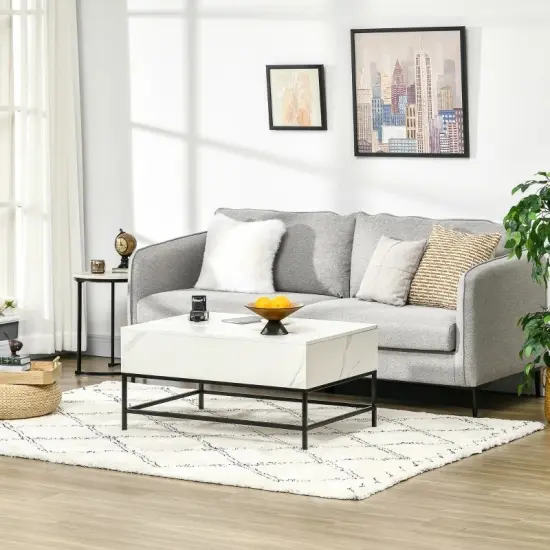 Modern White Lift Top Coffee Table with Hidden Storage and Metal Legs for Living Room or Hallway {5}