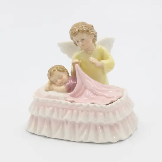 Ceramic Guardian Angel Watching Over Baby Music Box, Baptism Gift, Nursery Room Decor, Baby Shower Gift, Religious Decor {3}