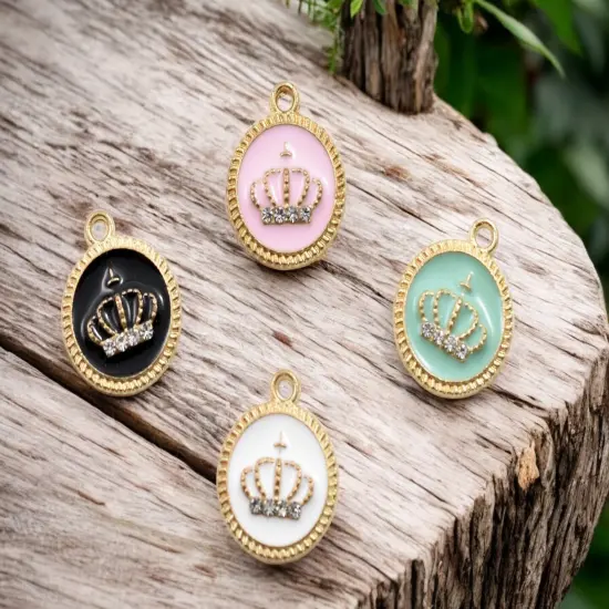16x19mm Gold Plated Enamel Rhinestone Crown Charms -- Choose Your Color Green (1032) {3}