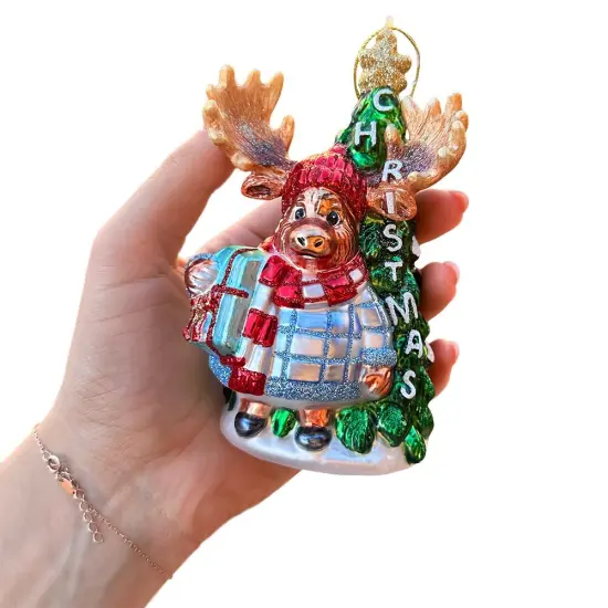 Cozy and Cute Sweater Moose Glass Christmas Ornament, Farmhouse Elk Tree Decoration {4}
