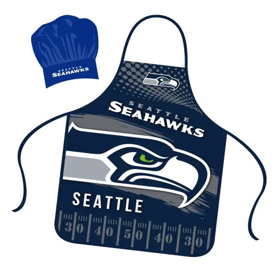 Mojo Licensing Seattle Seahawks Apron Chef Hat Set Full Color Universal Size Tie Back Grilling Tailgate BBQ Cooking Host {1}