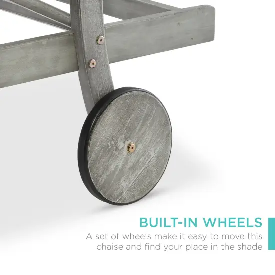 Best Choice Products 79x26in Acacia Wood Outdoor Chaise Lounge Chair w/ Adjustable Backrest, Table, Wheels Gray/Navy {6}