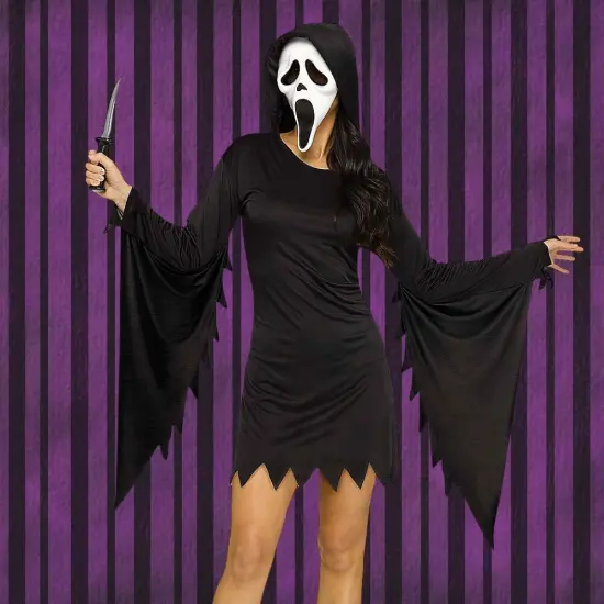 Ghost Face Glamour Costume for Adults Small Medium Halloween Hooded Mini Dress Iconic Mask Outfit {2}
