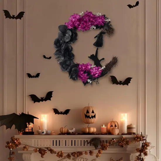 Halloween Wreath Black Moon Wreath with Black Cat {5}