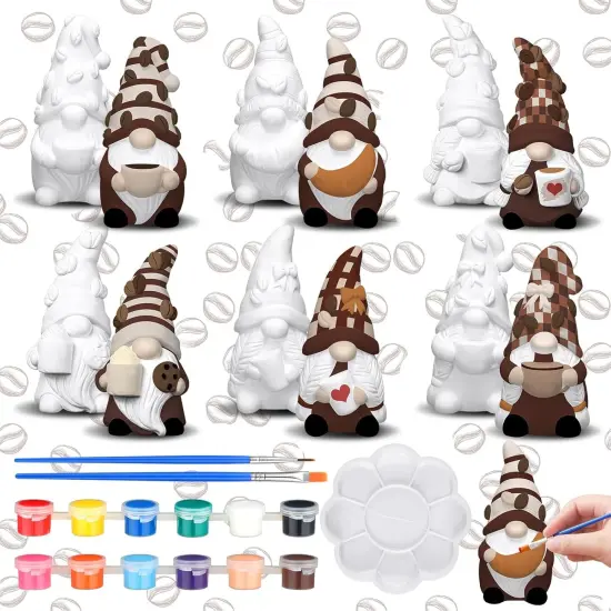 6 Sets Ready to Paint Your Own Coffee Gnome Statue, 4" Mini Paintable Ceramics Blank Coffee Gnome Figurine {6}