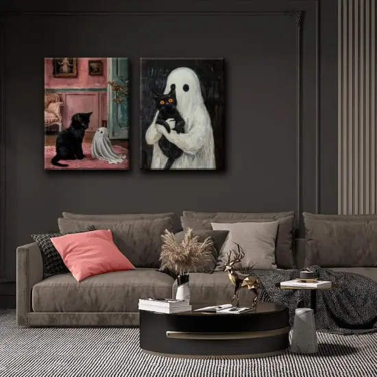 Set of 2 Framed Ghost and Black Cat Wall Art - 12x16 Inch {2}