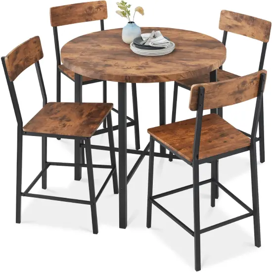 Best Choice Products 5-Piece Modern Round Counter Height Dining Set w/ 4 Chairs, 1.5in Thick Table Light Brown/Black {7}