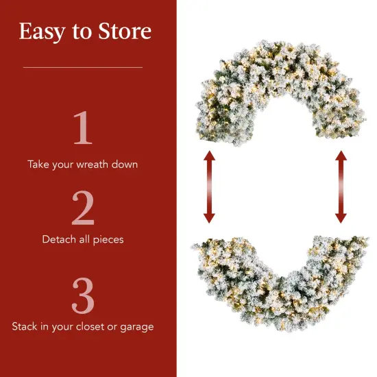 Best Choice Products Artificial Pre-Lit Flocked Fir Christmas Wreath D&eacute;cor w/ Red Bow, LED Lights, Tips, Plug-In {6}