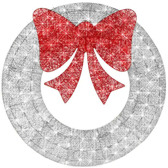 Best Choice Products 36in Pre-Lit Outdoor Christmas Wreath, LED Metal Holiday Décor w/ 120 Lights, Bow Silver/Red {1}