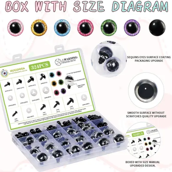 Glitter Safety Eyes 324 Pcs 6-24mm {4}