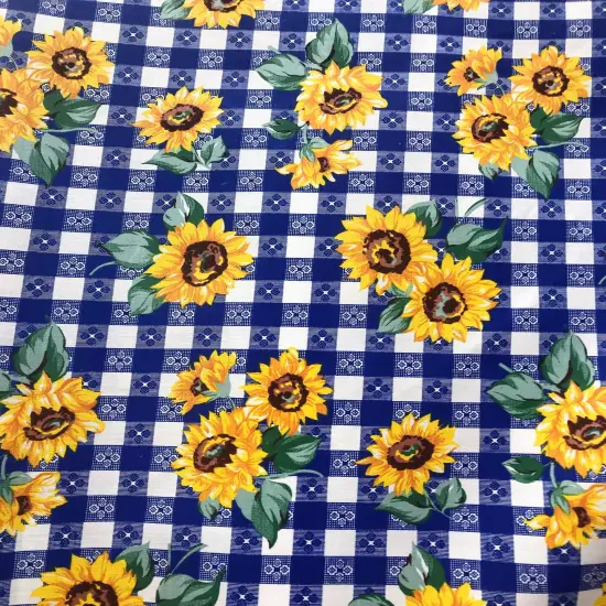 1 Yard Royal Blue Checkered Sunflower Pattern Poly Cotton Fabric for Sewing Decor and Clothing 59/60 Inch Width {1}