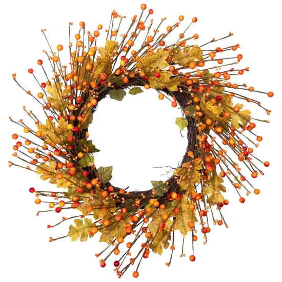 Northlight Berries and Maple Leaves Fall Harvest Artificial Twig Wreath - 22" Yellow {3}