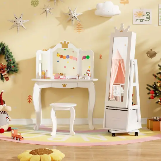 Costway Kids Jewelry Cabinet with Full-Length Mirror Foldable Drawer Anti-toppling System White/Pink {11}