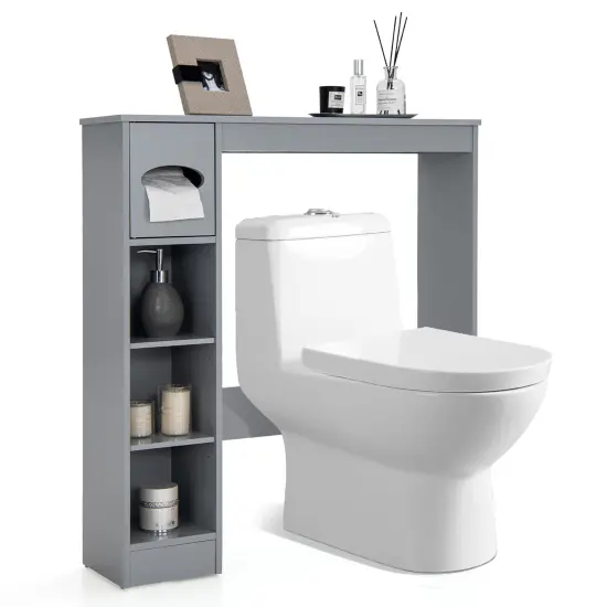 Costway Wooden Over the Toilet Storage Cabinet Bathroom Space Saver w/Paper Holder Grey\White {1}