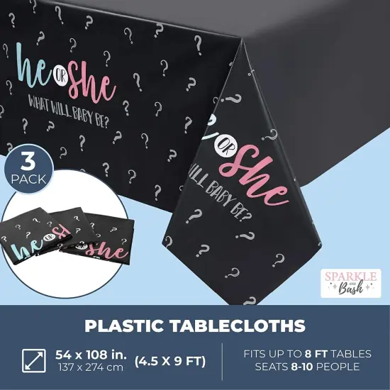 Gender Reveal Party Plastic Tablecloth, He or She (54 x 108 in, 3 Pack) Black {2}