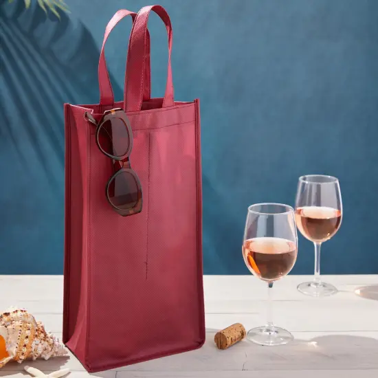 Wine Bag with Handles for Gifts, Dinner Parties, Burgundy Carrying Tote (10 Pack) Red {2}
