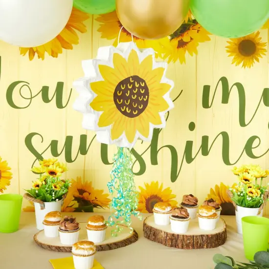 Pull String Sunflower Pinata for Sunshine Baby Shower, Floral Birthday Party Decorations (Small, 13x13x3 In) Yellow {2}