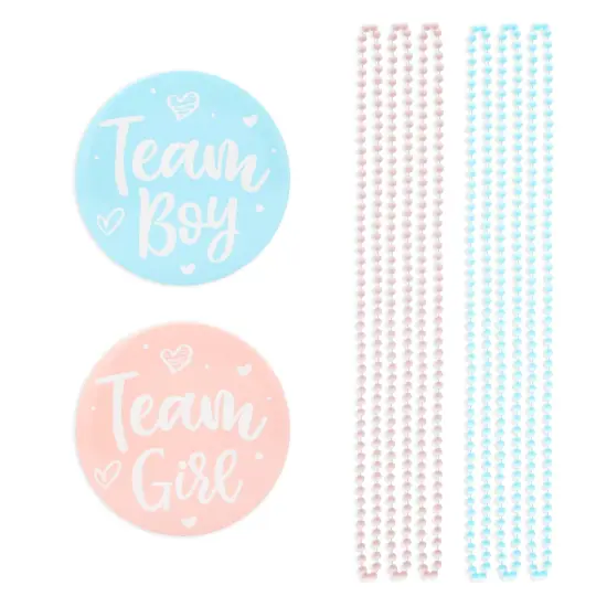 Baby Gender Reveal Party Favors, Team Boy and Girl Button Pins, Bead Necklaces (48 Pieces) Pink {1}