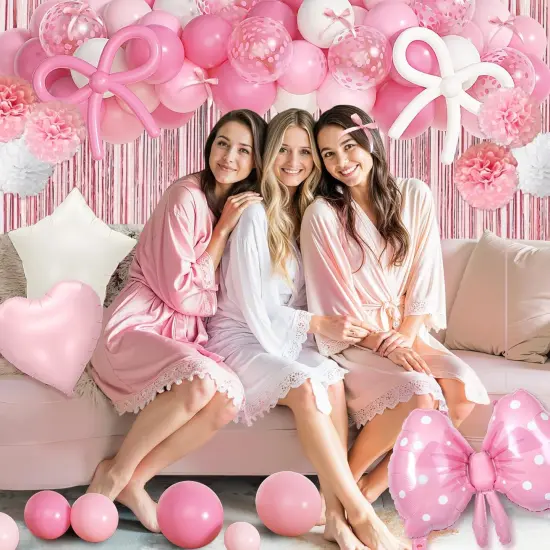 Pink Bow Birthday Party Decorations, Coquette Bow Light Pink and White Confetti Long Balloons Happy Birthday Banner Fringe Curtain Tassel Pompoms for Women Girls Theme Baby Shower Party Decorations {5}