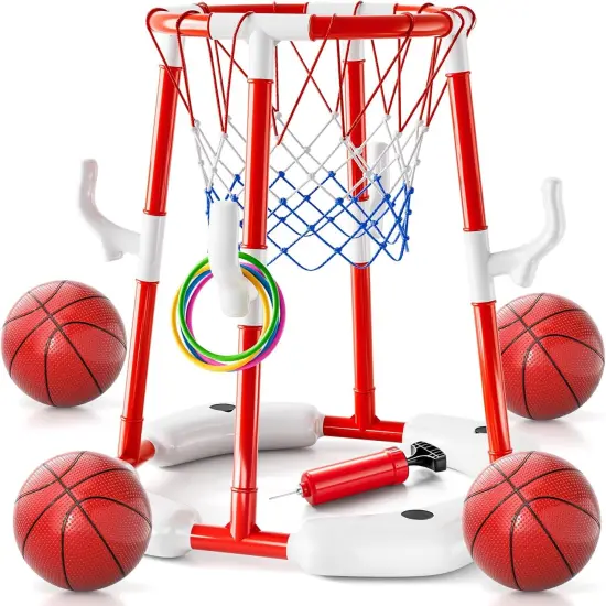 Pool Basketball Hoop Toys for Kids Ages 4-8 8-12 Adult, Summer Outdoor Swimming Pool Games Water Play Toys Family Party for Teens, 2in1 Pool Basketball Hoop & Rings Game with 4 Balls 12 Rings and Pump {2}