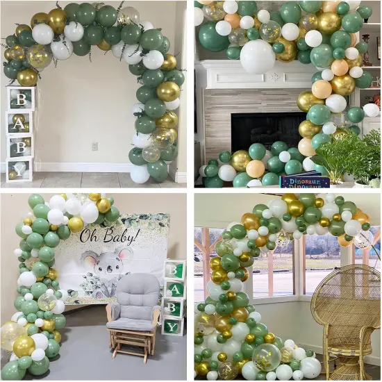 Sage Green Gold Balloons, 12 Inch Green White Metallic Gold Balloons, Green Sand White Balloons Gold Confetti Latex Balloons {4}