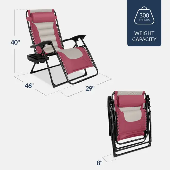 Best Choice Products Oversized Padded Zero Gravity Chair, Folding Outdoor Patio Recliner w/ Side Tray Pink/Taupe {2}
