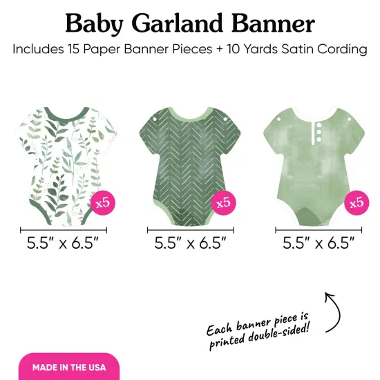 Big Dot of Happiness Boho Botanical Baby Garland Banner, Greenery Baby Shower, Gender Neutral Decorations Banner, 30 Feet of Cord, 15 Double-Sided Green Baby Bodysuits {5}