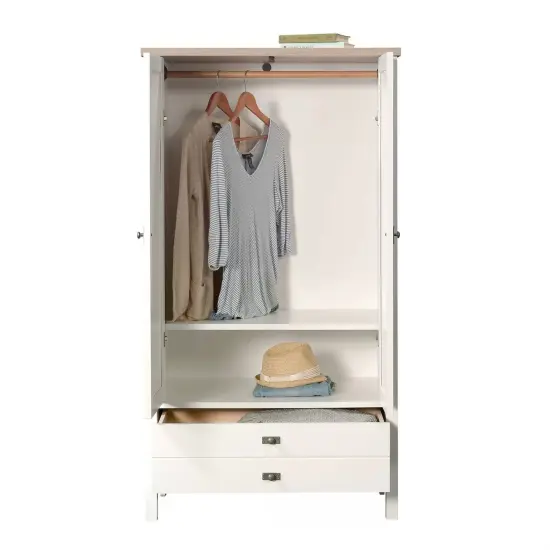 Farmhouse Bedroom Armoire Cabinet with Bottom Storage Drawer in White Wood Finish {3}