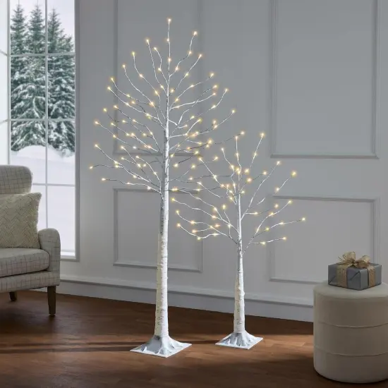 4ft, 6ft & 8ft Lighted Birch Tree Set, 3 Pack LED Trees with Remote, Color Options & Outdoor White {3}