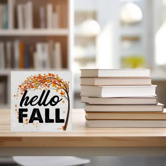 Hello Fall Square Wood Sign Tabletop Decor - 5 x 5 Inches {5}
