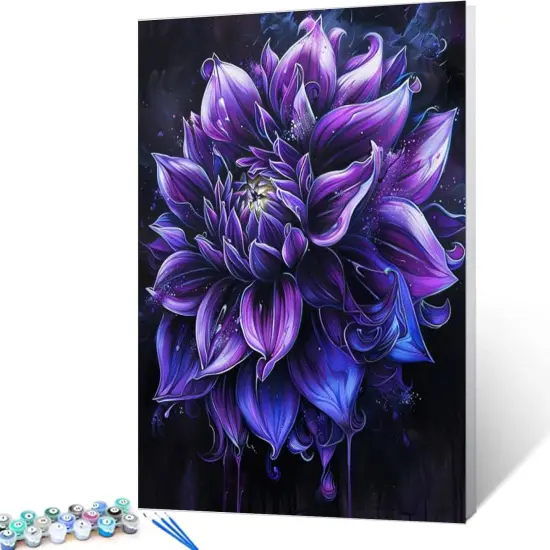 Dark Purple Dahlia Flowers Paint by Number Black Background16x20 Inch（without Frame） {1}
