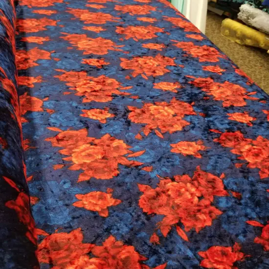 1 Yard Navy Scarlett Blue Floral Print Crushed Stretch Velvet Fabric for Apparel Upholstery D&eacute;cor 60 Inch Width {4}