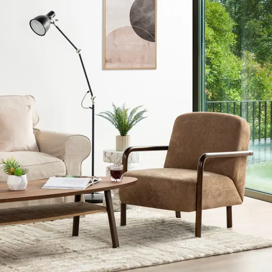 Mid-Century Modern Brown Fabric Thick Armchair with Walnut Rubberwood Frame {3}