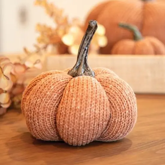 Neutral Plaid Fabric Pumpkin with Ribbed Plastic Stem for Fall Table Decor {3}