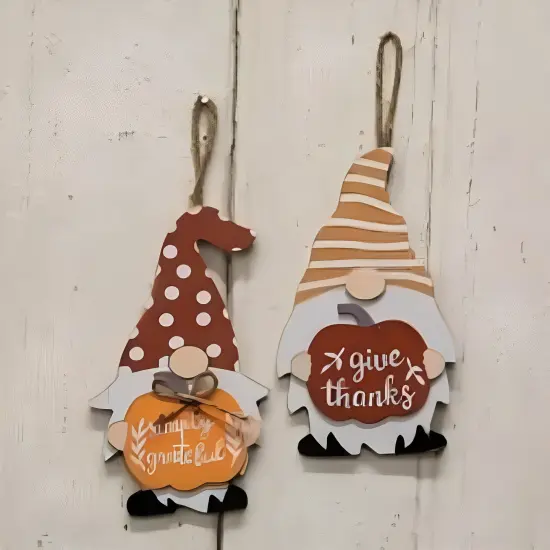 Wood Pumpkin Gnome Ornaments with Jute Rope and Fall Messages 2 Asstd. {2}