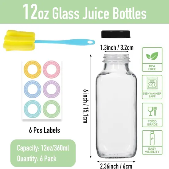 6 Pack 12oz Glass Water Bottles with Black Lids, Brush & Labels {2}