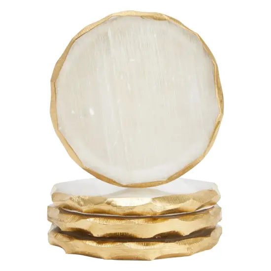 4 Pack Natural Selenite Crystal Coasters for Drinks, Geode Slices with Gold Painted Edge (3.75-4 In) White {1}
