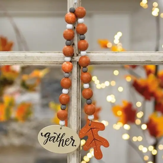 21&rdquo; Decorative Beaded Gather Tag with Painted Speckled Wood Beads and Leaf Cutout Shelf Accent {2}