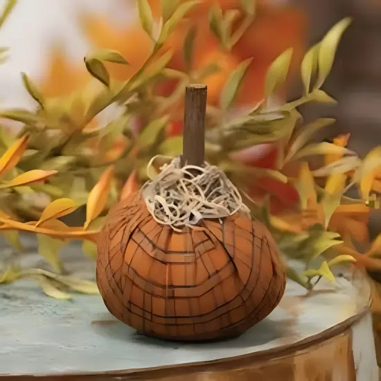 Orange Fabric Plaid Mossy Pumpkin with Wooden Stem and Moss Accents {2}