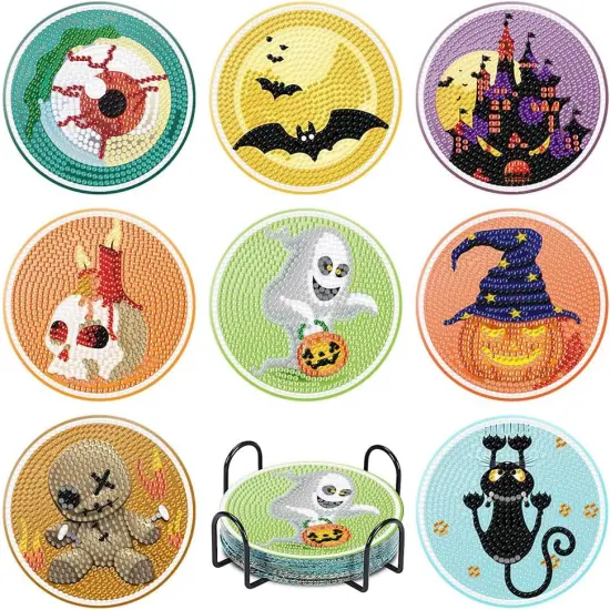 8Pcs Halloween Diamond Art Painting Coasters Kit with Holder {1}