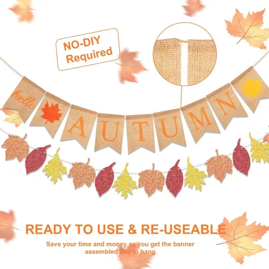 2pcs-Jute Burlap Hello Autumn Maple Leaf Banner, Fall Party Supplies Buntting {3}